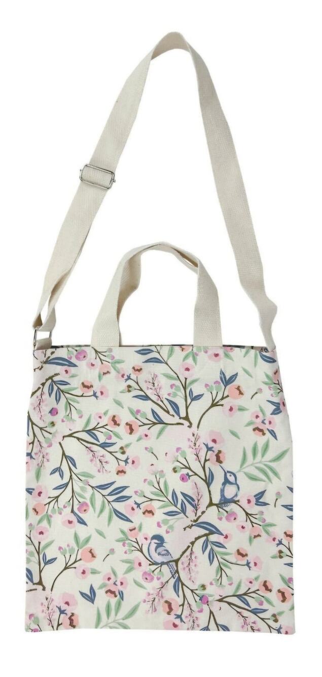 Large Crossbody Birds Floral Reusable Tote Bag Canvas Ivory Adjustable Strap NWT